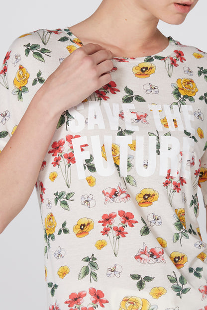 Floral graphic T-shirt with crew neck and short sleeves, handover neckline detail