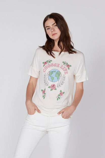 White women's graphic T-shirt with colorful globe and floral print