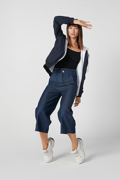Dark navy hooded jacket with drawstring hem and yellow/white sleeve stripe, full view