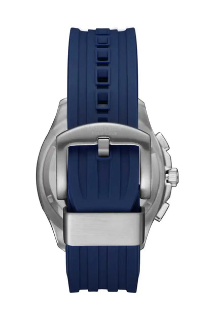 BHPC wristwatch back view, dark blue silicone strap with metal buckle, silver case