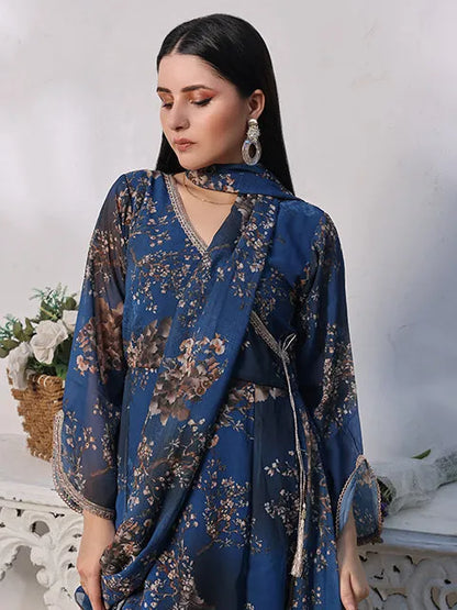 Blue floral maxi dress with V-back and flowing draped sleeves