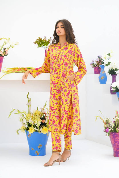 Dhaga long-sleeve printed kurta with matching pants, pink yellow floral pattern