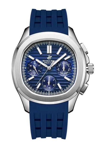 BHPC wristwatch with blue dial, silver case, dark blue silicone strap