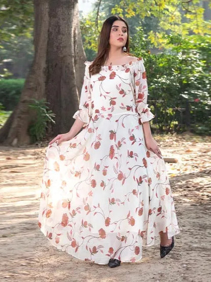 White floral maxi dress with ruffled sleeves and off-shoulder neckline, full length