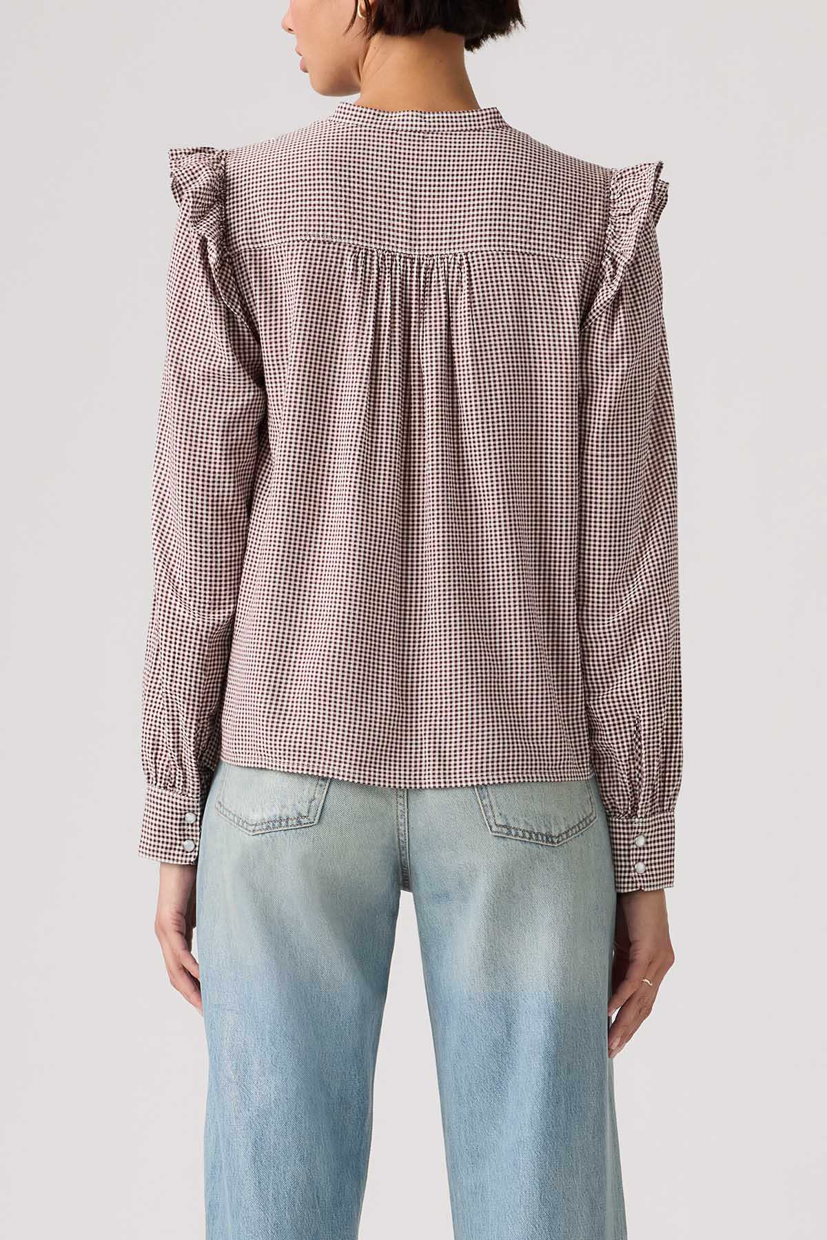 Back view of gingham button-up blouse with ruffled shoulders, mauve check
