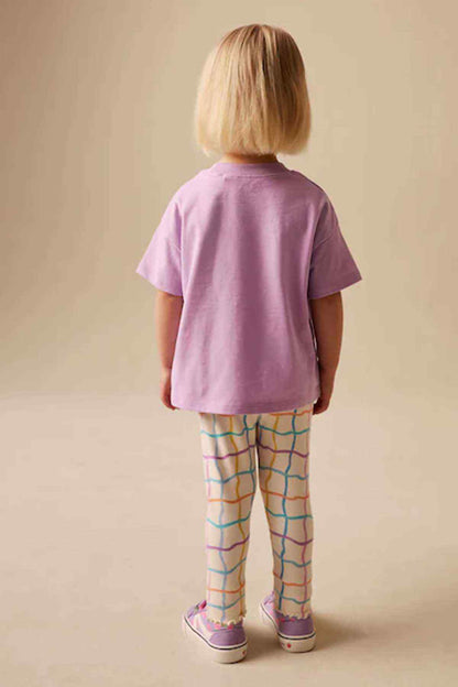 Lilac kids short-sleeve T-shirt and matching leggings with multicolor grid pattern, back view