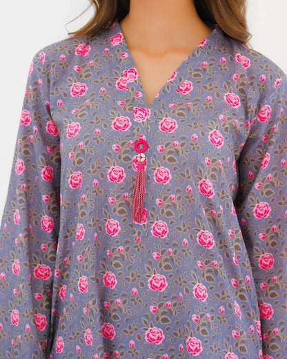 Floral printed kurta front with V-neck and button placket, navy with pink roses