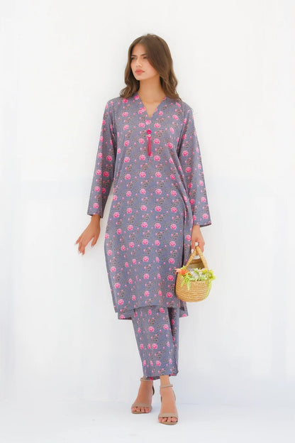 Women’s long kurta and pants set, navy floral print, straight hem and V-neck