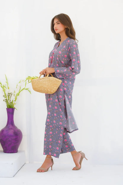 Women’s long kurta and pants set, navy floral print, long sleeves with button front