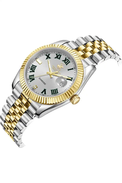 BHPC two-tone silver and gold wristwatch with gold bezel and Roman numeral dial