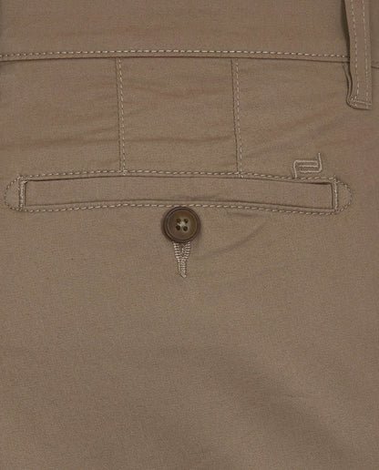 Beige shorts waistband close-up with belt loops and button tab