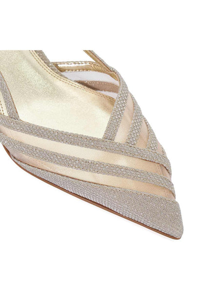 Gold metallic sandal close-up: woven striped upper with thin slingback straps