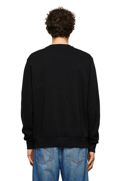 Black crewneck sweatshirt, back view, ribbed cuffs and hem