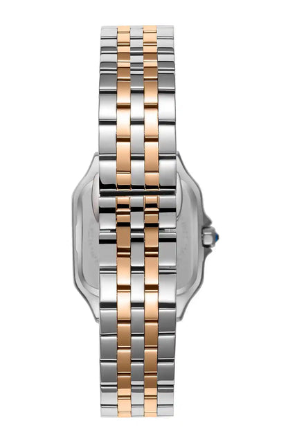 Two-tone stainless steel wristwatch back view with blue crown detail