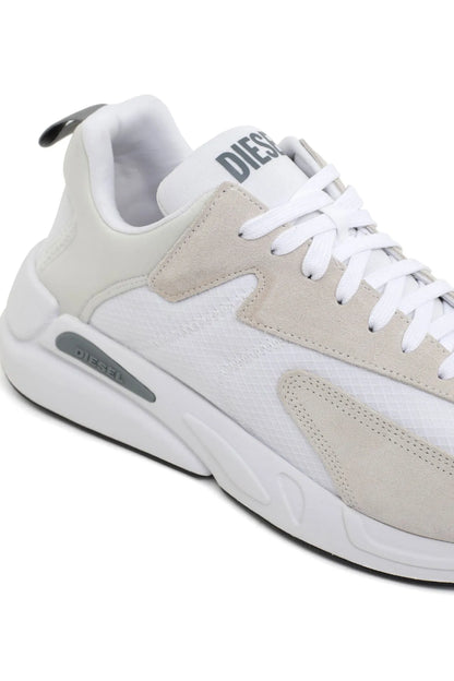 Beige and white sneakers, DIESEL logo on tongue, textured panels and white laces