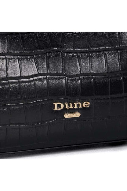 Dune London logo plaque on black croc-embossed leather tote