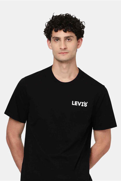 Black crew-neck T-shirt with small chest logo