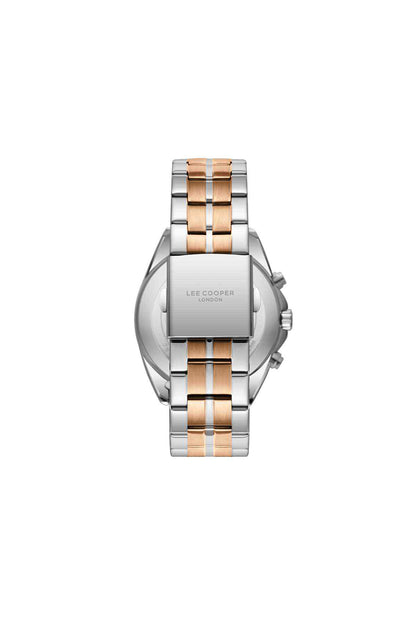 Lee Cooper chronograph watch, silver case with brown dial and rose-gold stripe bracelet