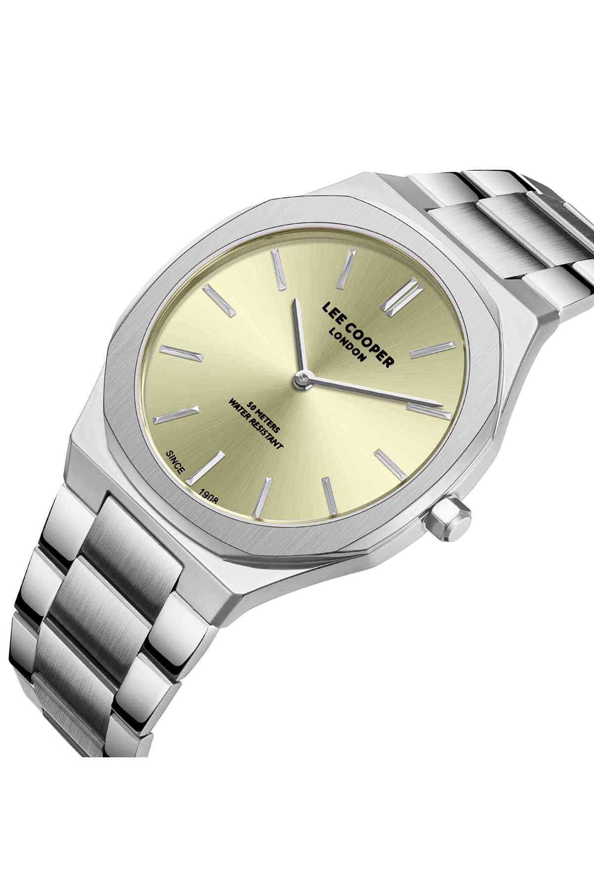 Lee Cooper silver metal watch angled view, yellow dial with three hands
