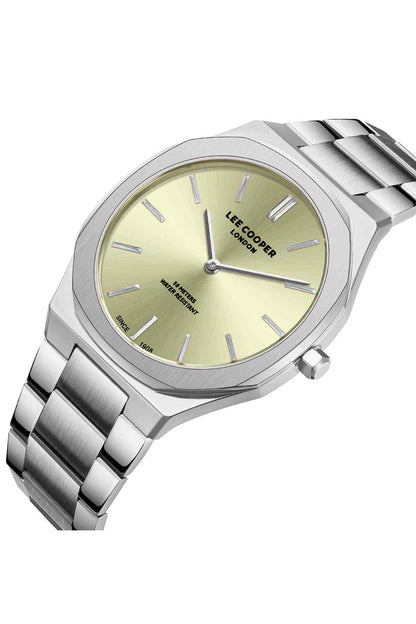 Lee Cooper silver metal watch angled view, yellow dial with three hands