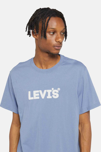 Levi's blue crew-neck T-shirt with white logo print, short sleeves