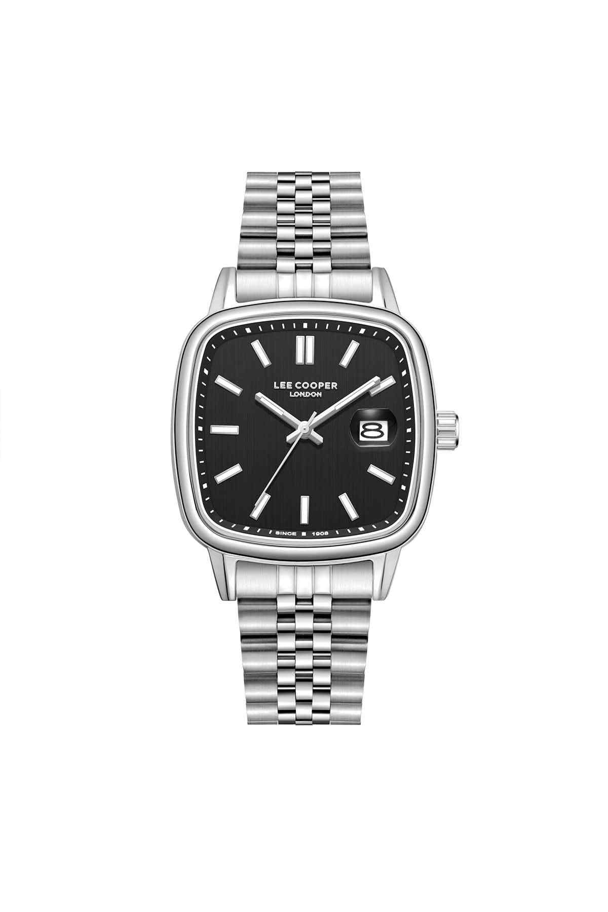 Lee Cooper silver metal bracelet wristwatch, black dial with baton hour markers
