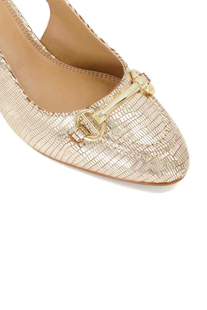Gold textured pointed-toe shoe with front buckle detail