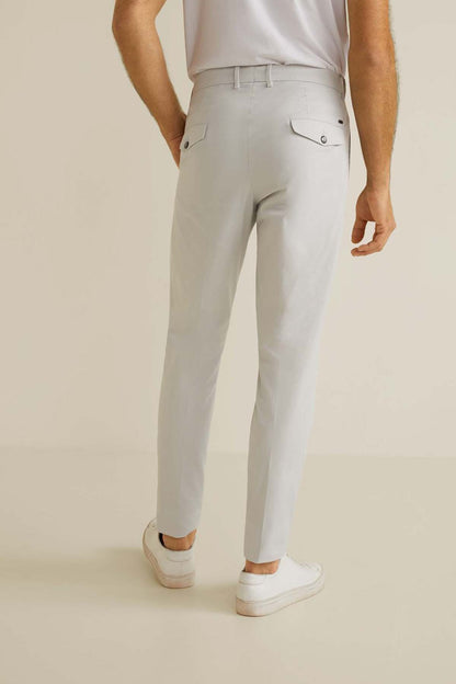 Beige men's straight-leg trousers with belt loops and zip-button fly