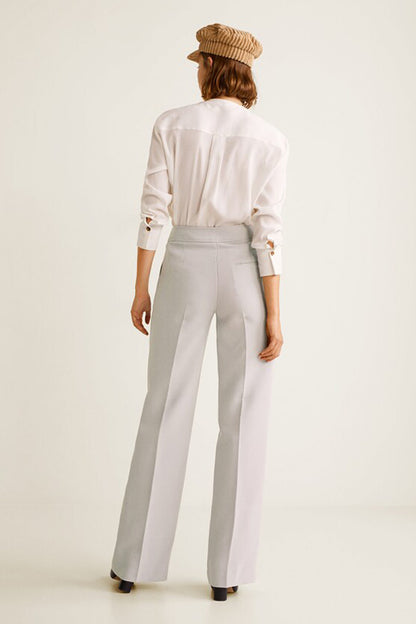 Light grey wide-leg trousers, back view with center crease and belt loops
