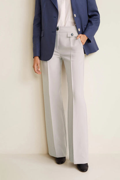 Light grey wide-leg trousers with center crease, button-and-zip front