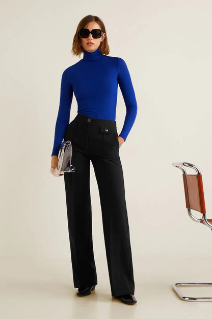 Black high-waisted wide-leg trousers with side pockets and button