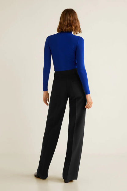 Black high-waisted wide-leg trousers, back view with button closure