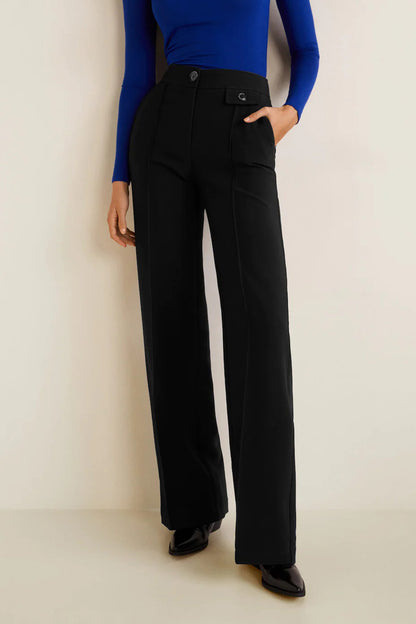 Black high-waisted wide-leg trousers with button and belt loops