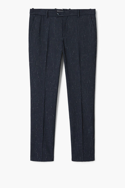Navy pinstripe trousers with belt loops, button waist and tapered leg