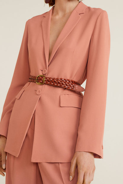 Dusty pink tailored blazer with braided belt at waist