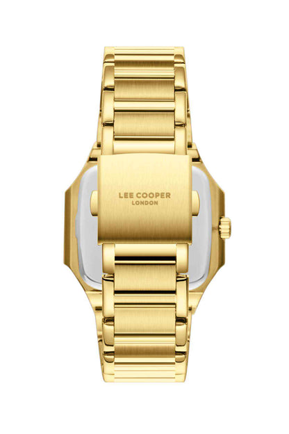 Gold wristwatch with metal bracelet and clasp, dark dial and octagonal case