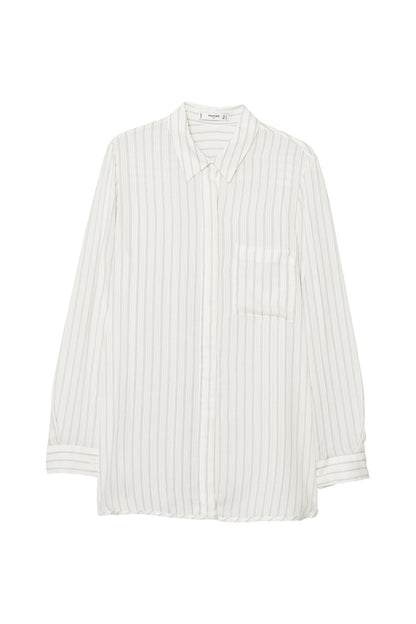 Off-white striped button-up shirt with pointed collar and button placket