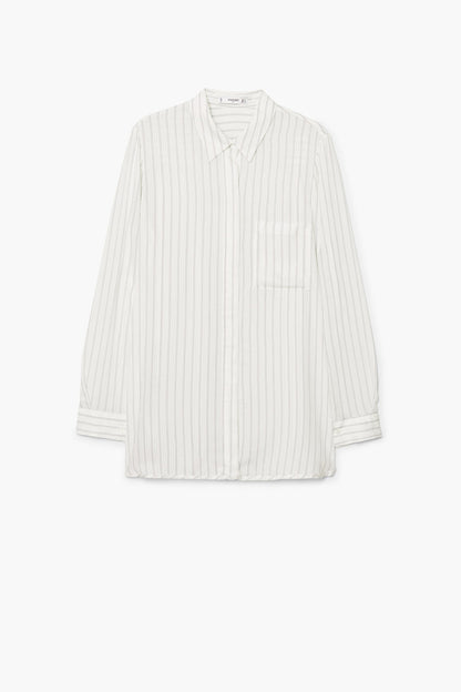 Off-white striped button-up shirt with chest pocket and long sleeves