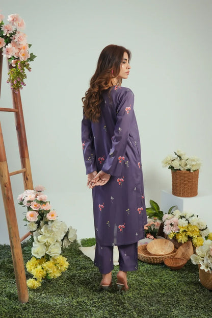Dhaga purple floral printed long kurta tunic, three-quarter back view