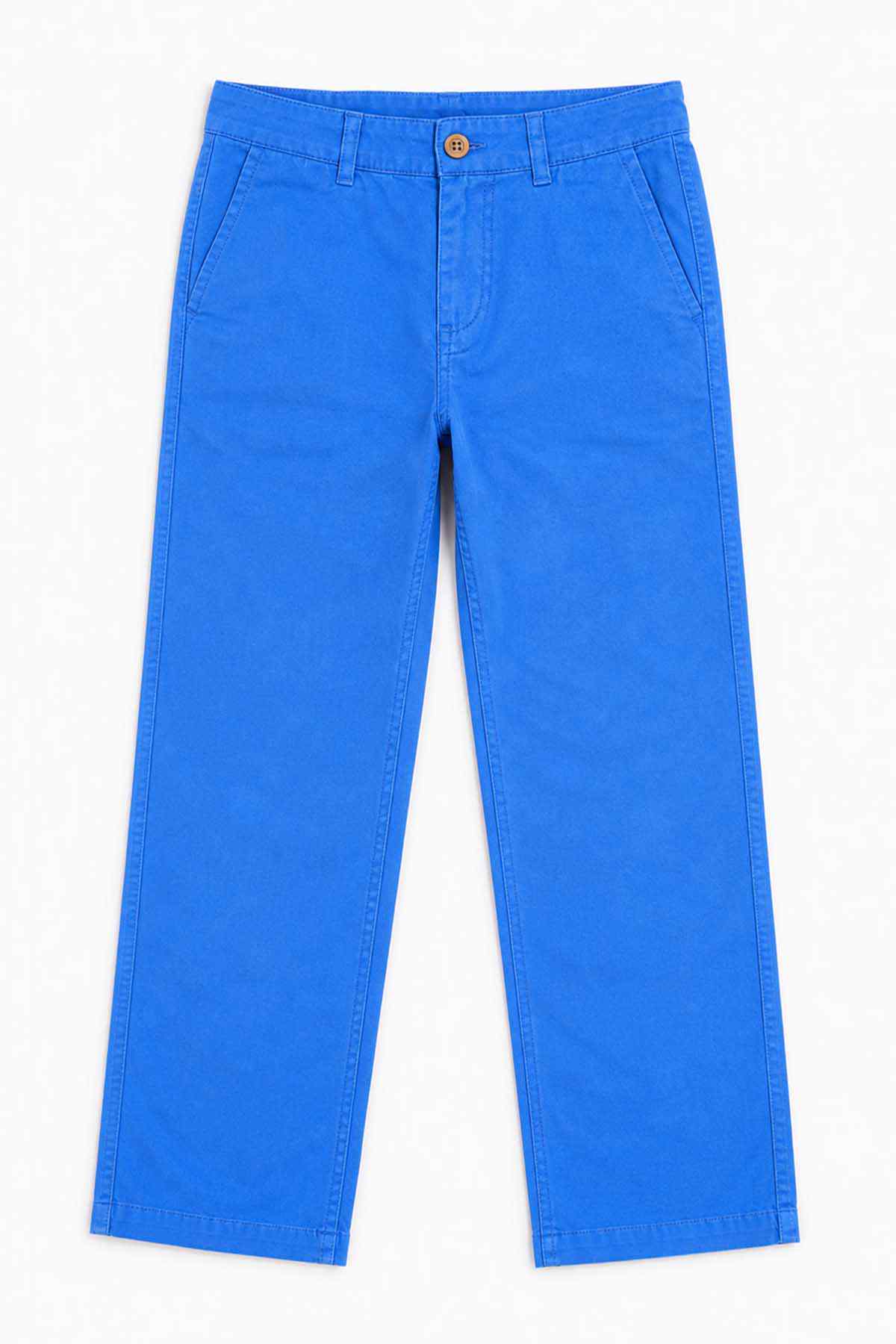 Blue denim pants with button closure and straight legs.