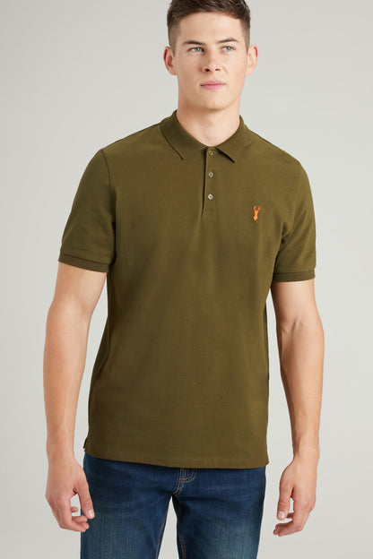 Khaki polo shirt with short sleeves, button placket, and small chest logo