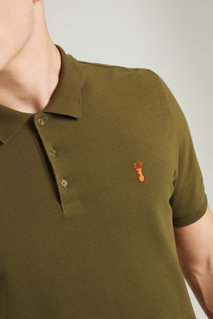 Khaki polo shirt collar and button placket with small orange chest logo