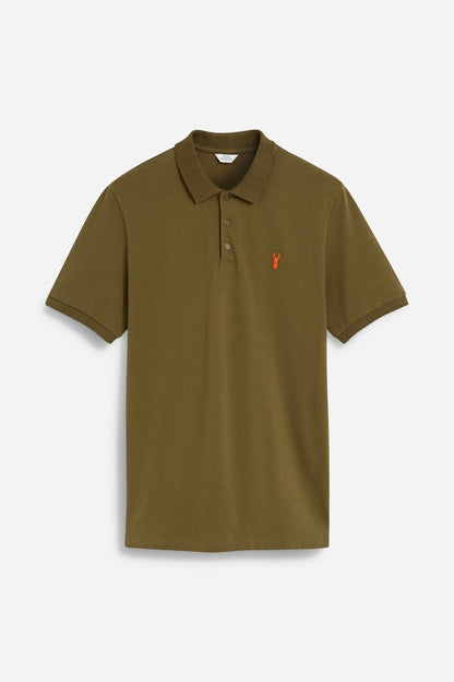 Khaki short-sleeve polo shirt laid flat with chest logo