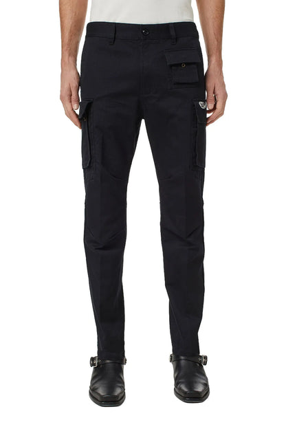 Diesel black cargo pants with button closure, flap pocket, and ankle straps