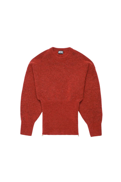 Red knit crewneck sweater with long sleeves and ribbed hem, front view