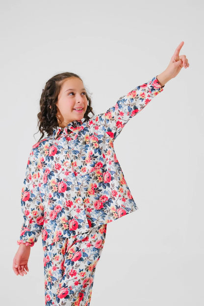 Girls floral long-sleeve ruffled top and matching pants set, allover blue and pink