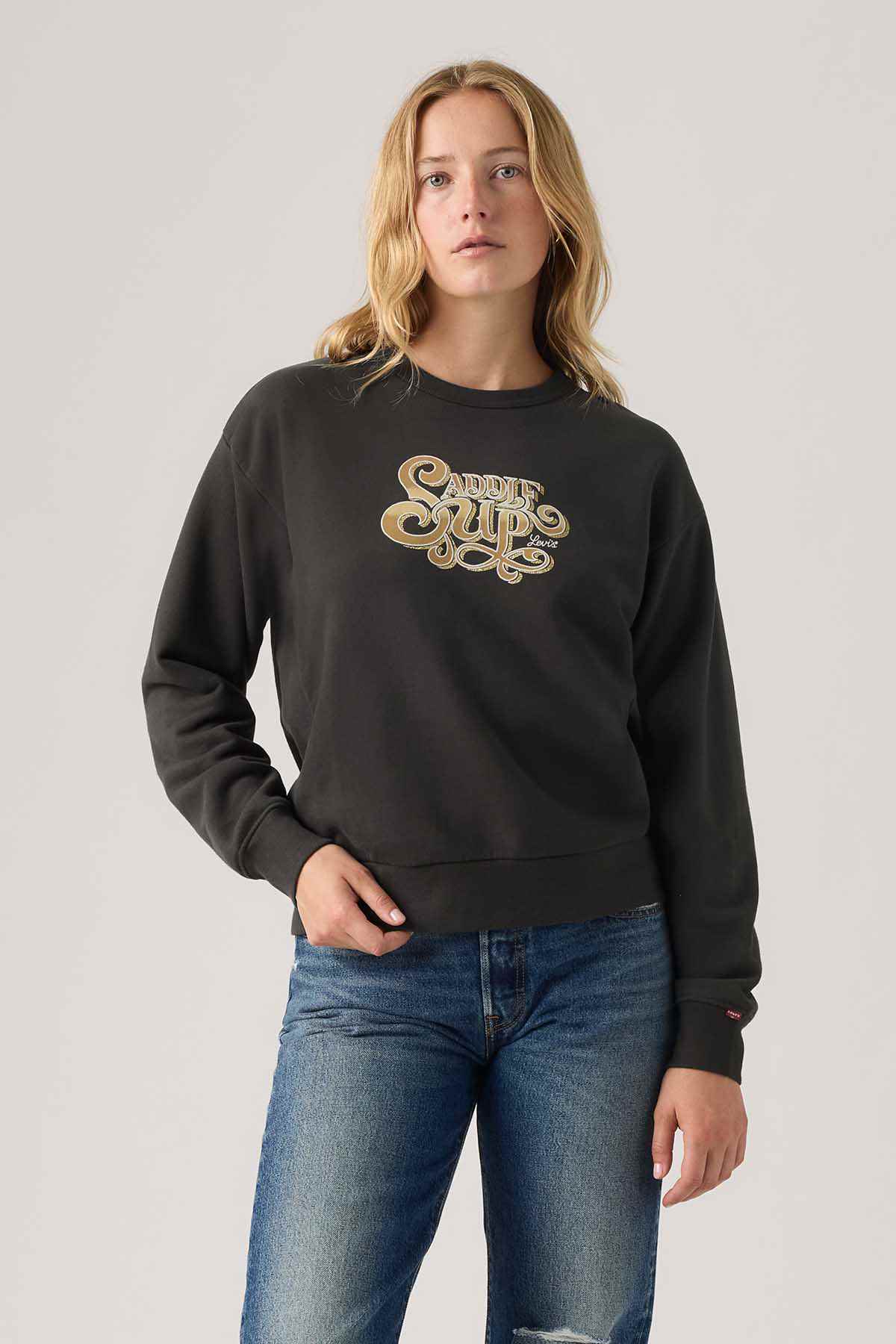Levi's black sweatshirt with gold front logo, crew neck and long sleeves