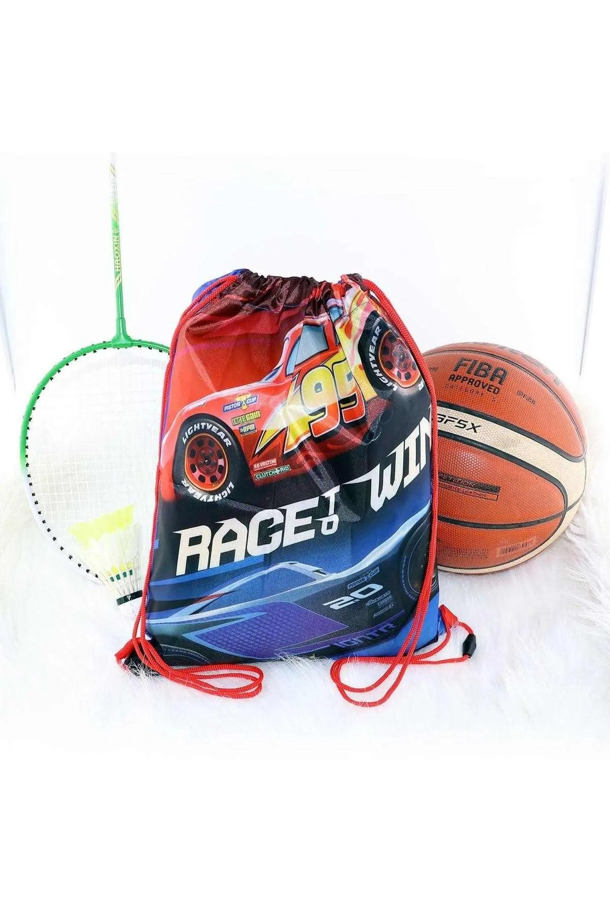 Race car drawstring bag with red, orange, blue graphics and green side pocket
