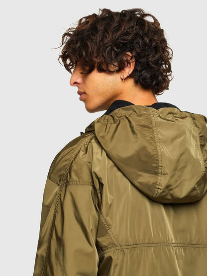 Olive green hooded jacket, side view with drawstring hood and zip front