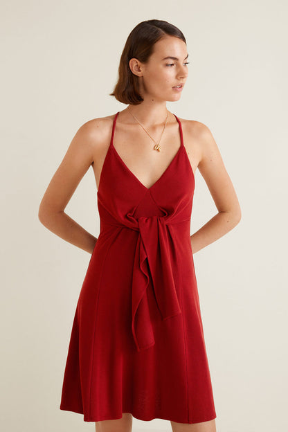 Maroon V-neck spaghetti-strap dress with waist tie and gathered skirt